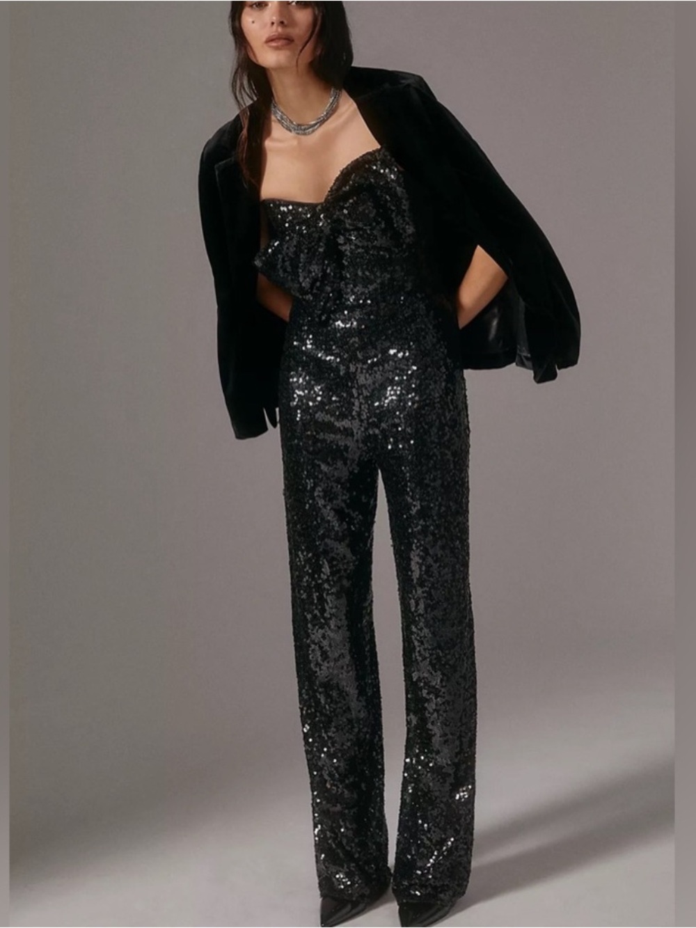 NWT Hutch Anthropologie Strapless Black Sequin Bow Jumpsuit - Size 0